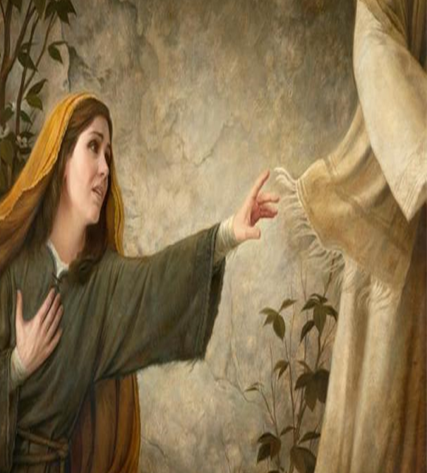 A woman reaching for the hem of the cloak of Jesus.