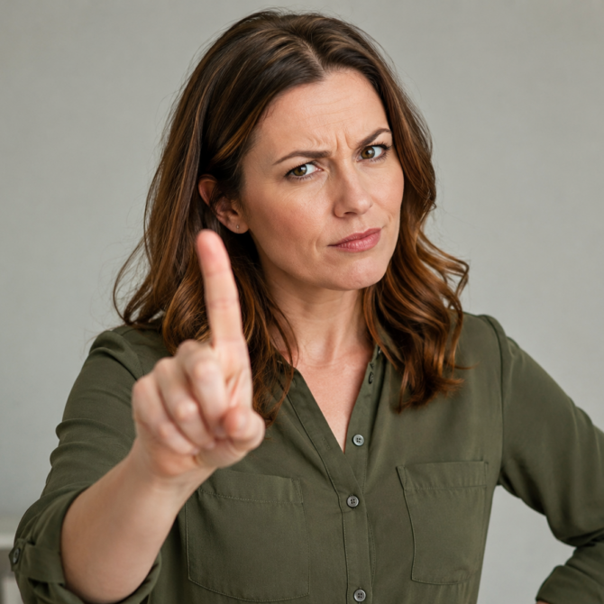 Person in a green shirt points an index finger toward the camera, with a furrowed brow and direct gaze.