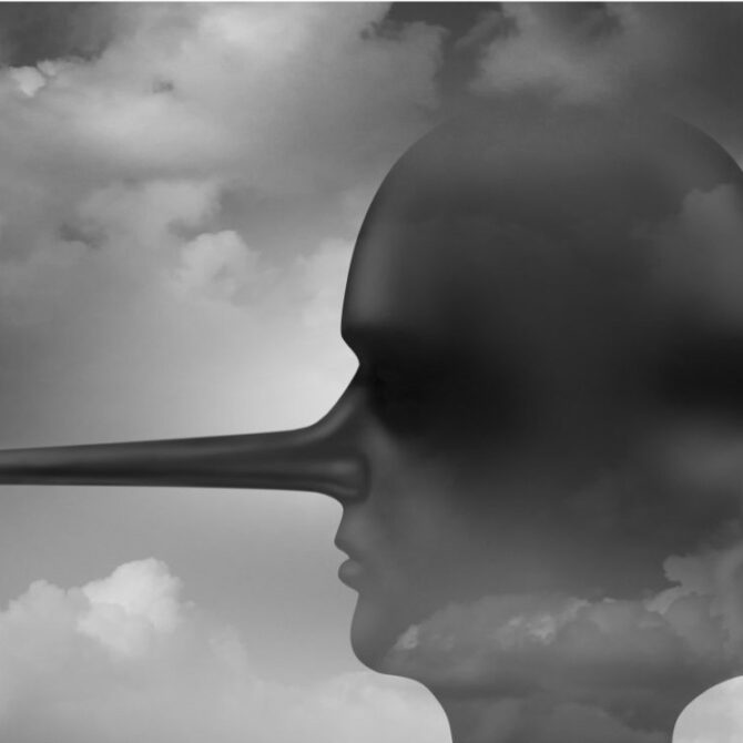 Black-and-white conceptual illustration of a human head in profile facing right, with a long Pinocchio-style nose extending behind the head. A second, smaller face profile is incorporated into the back of the head silhouette. Dark clouds fill the background, creating a dramatic and symbolic image often associated with deception, dishonesty, or hidden truths.