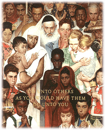 Illustrated poster showing a large, diverse group of people of different ages gathered closely together. Several adults and children are prominently featured in the foreground, including people holding or comforting children and others with hands clasped in contemplation or prayer. The crowd fills the entire image, creating a sense of global community and human connection. In the center, gold text reads: “DO UNTO OTHERS AS YOU WOULD HAVE THEM DO UNTO YOU.” The artwork uses warm earth tones, with detailed faces and clothing throughout the composition.